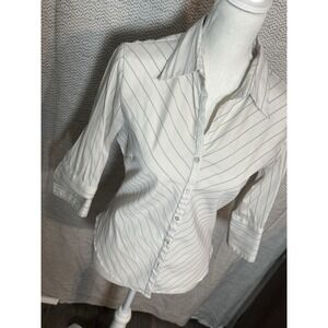 Antilia Femme White Striped Collared Blouse Button Up Stretchy Medium